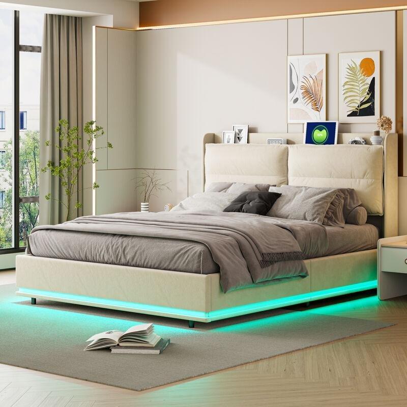 Bej Kadife LED Işıklı USB Şarjlı Sandıklı Kapitoneli Baza - 140x200 cm - 143994