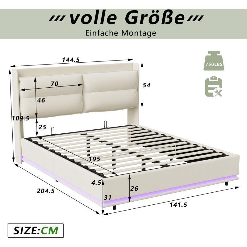 Bej Kadife LED Işıklı USB Şarjlı Sandıklı Kapitoneli Baza - 140x200 cm - 143994