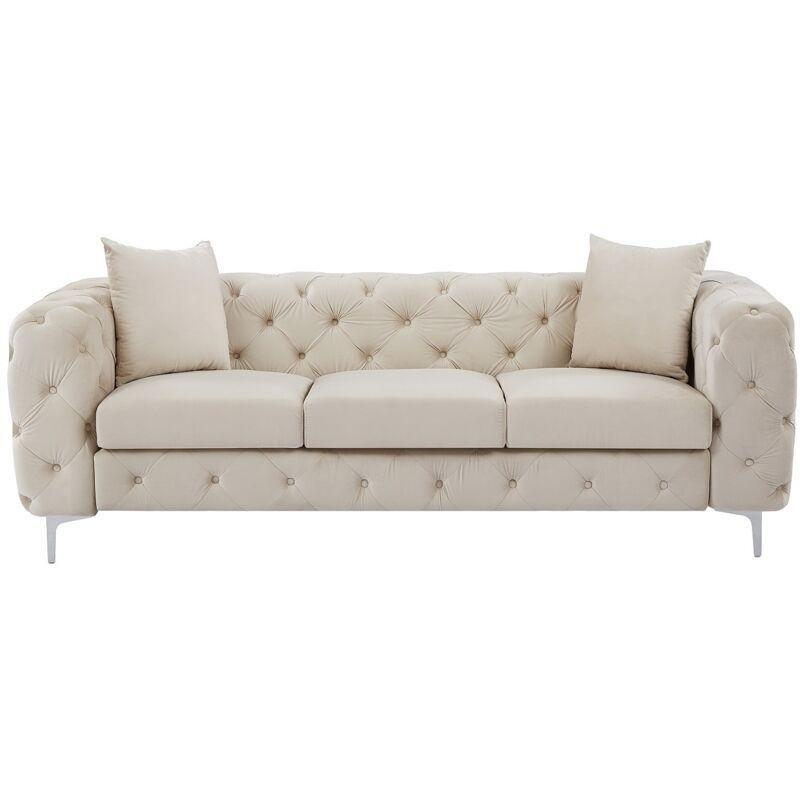 Bej Kadife Metal Ayaklı Kapitoneli Chesterfield 3 Kişilik Koltuk - 152581