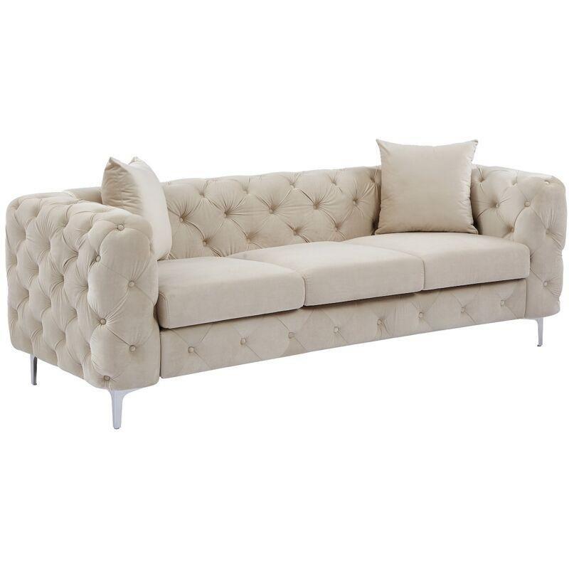 Bej Kadife Metal Ayaklı Kapitoneli Chesterfield 3 Kişilik Koltuk - 152581