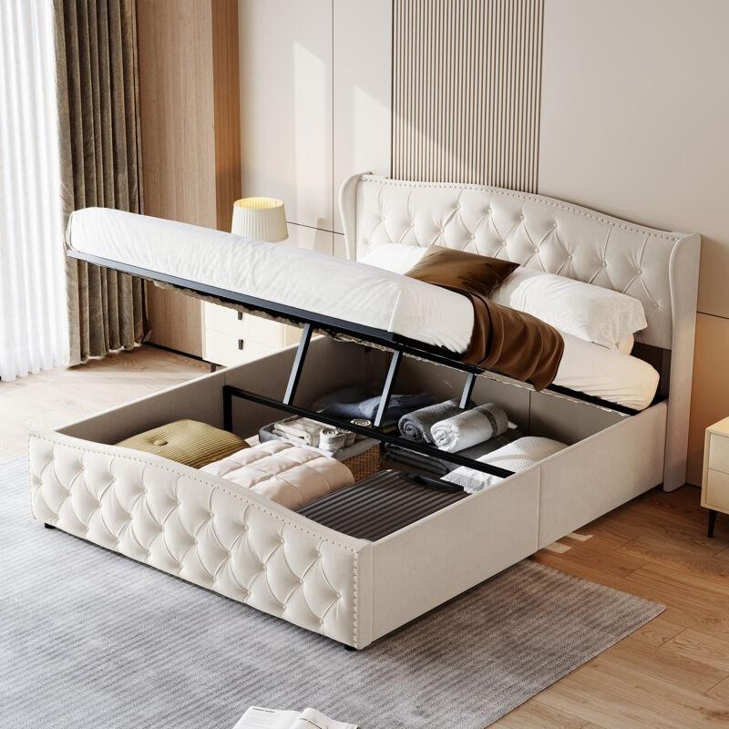 Bej Kadife Perçinli Dalgalı Başlıklı Sandıklı Baza - 140x200 cm - 143728
