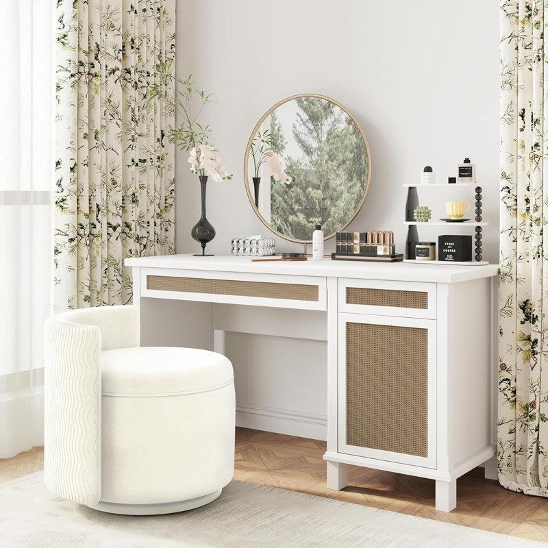 Bej Kadife Saklama Alanlı 360 Derece Döner Makyaj Sandalyesi - 61x51 cm - 146262