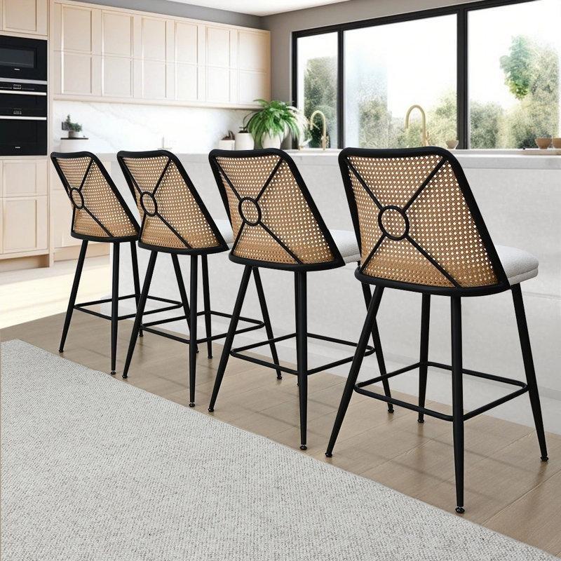 Bej Kadife Sırt Destekli Sentetik Rattan Tezgah Tipi Bar Sandalyesi - 68 cm 2li Set - 148170