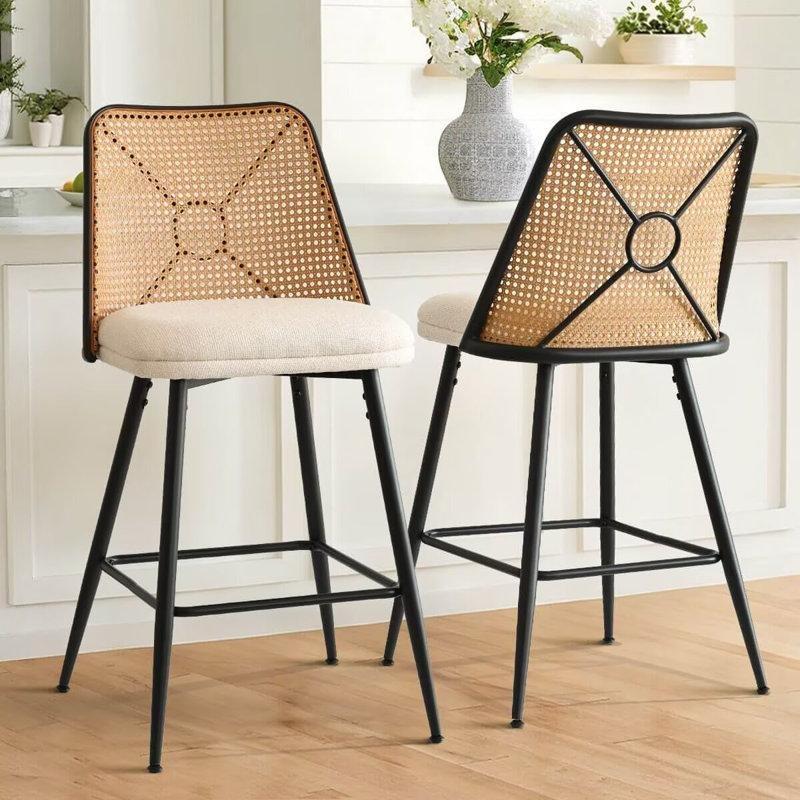 Bej Kadife Sırt Destekli Sentetik Rattan Tezgah Tipi Bar Sandalyesi - 68 cm 2li Set - 148170