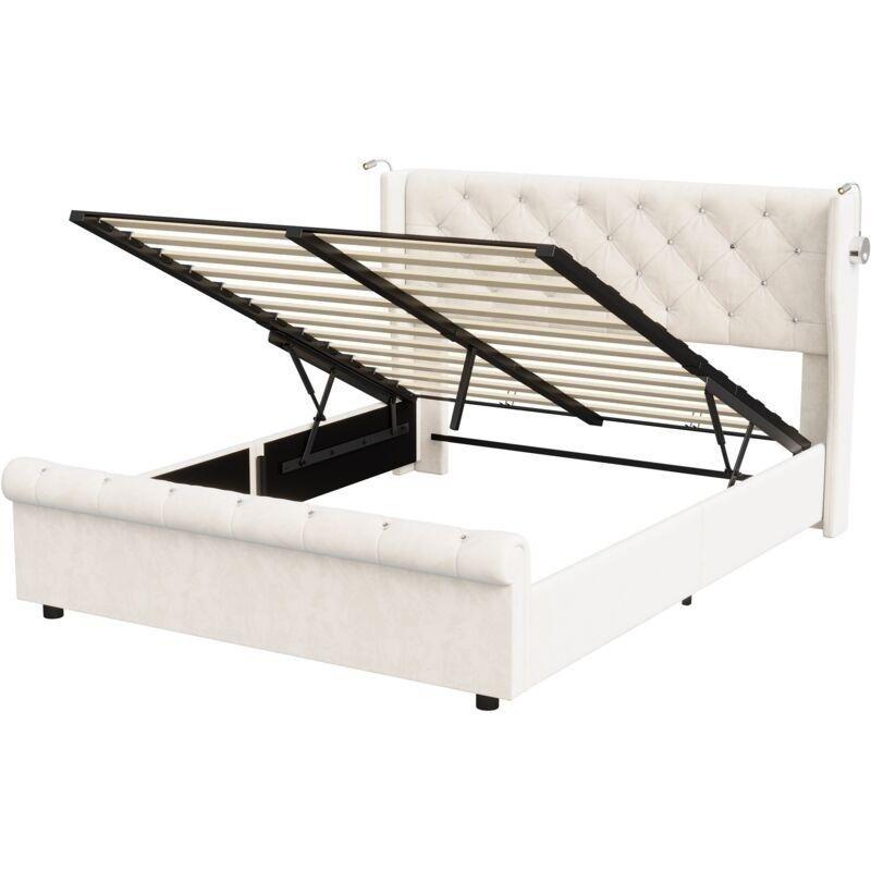 Bej Kadife USB Portlu ve Okuma Lambalı Kapitoneli Sandıklı Baza - 140x190 cm - 143735