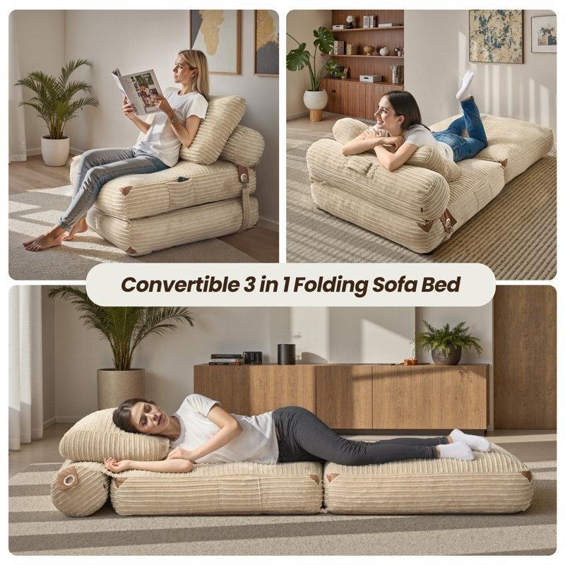 Bej Kadife Yatak Olan Katlanır Puf Koltuk - 92x94 cm - 157444