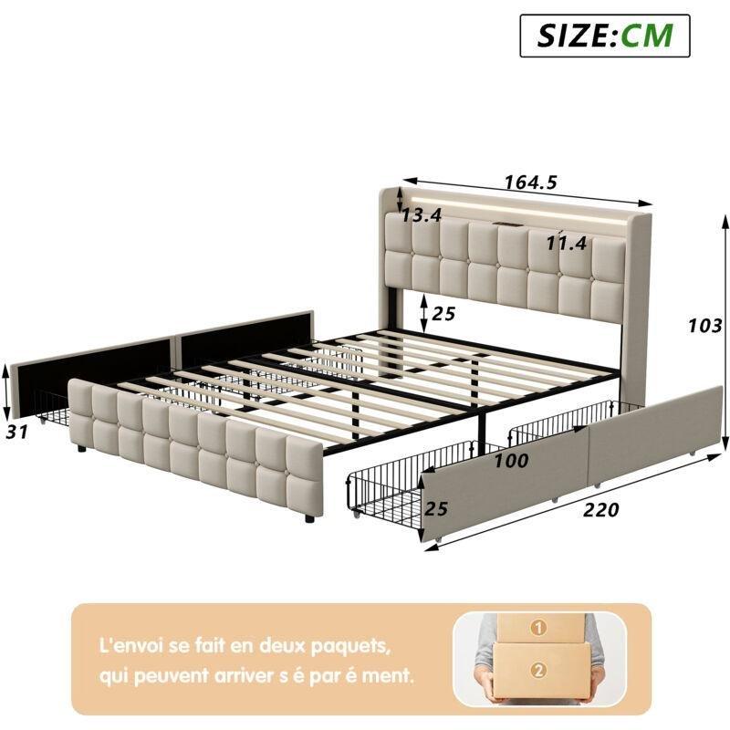 Bej Keten 4 Çekmeceli LED Işıklı USB Şarjlı Baza - 160x200 cm - 143613