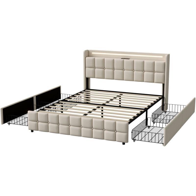 Bej Keten 4 Çekmeceli LED Işıklı USB Şarjlı Baza - 160x200 cm - 143613