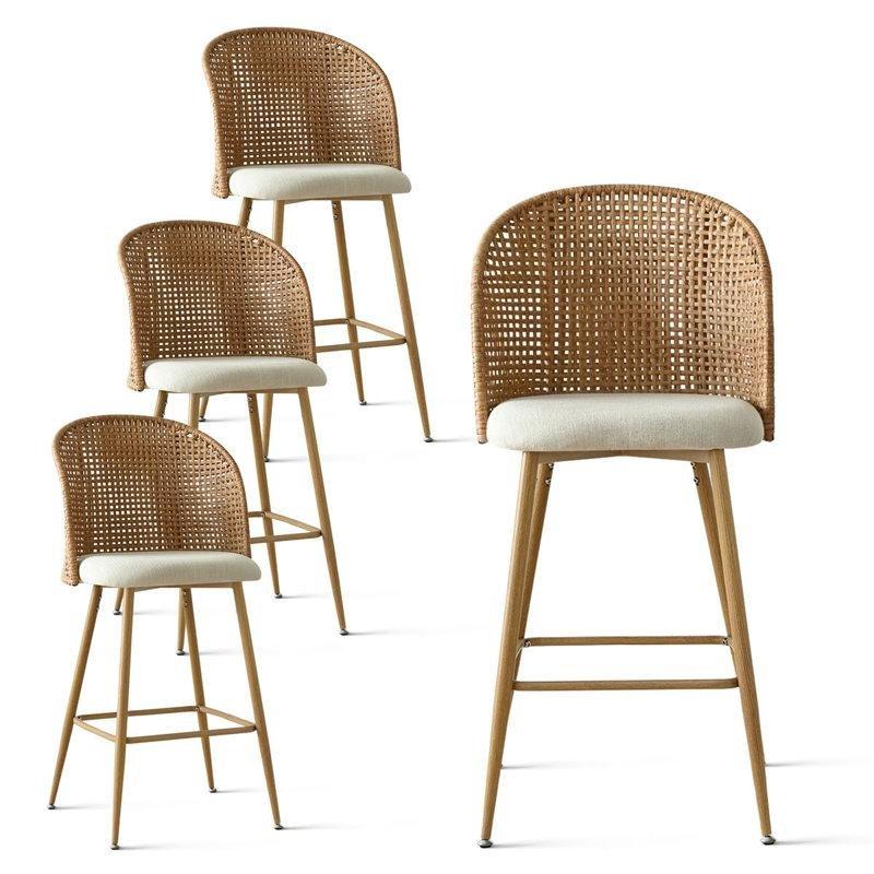 Bej Keten Döşemeli Kolçaklı Hasır Bar Sandalyesi 4lü Set - 73 cm - 148155