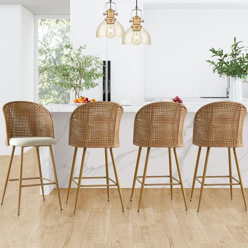 Bej Keten Döşemeli Kolçaklı Hasır Bar Sandalyesi 4lü Set - 73 cm - 148155