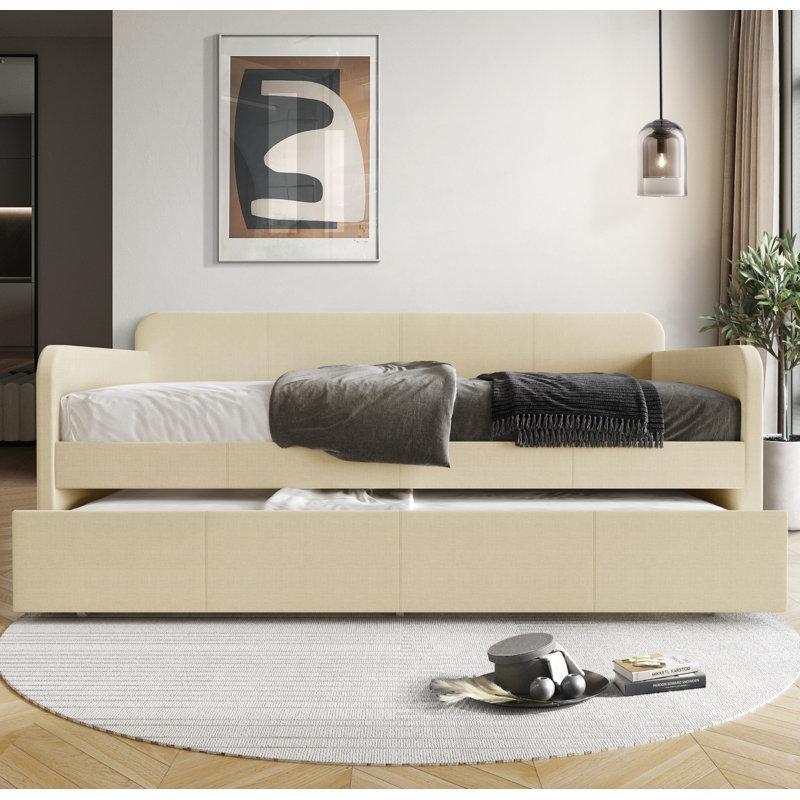 Bej Keten Döşemeli Yavru Yataklı Daybed Karyola - 110x209 cm - 142738