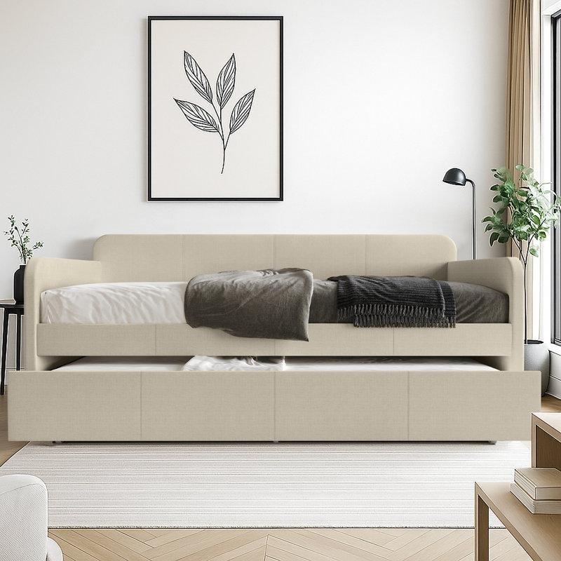 Bej Keten Döşemeli Yavru Yataklı Daybed Karyola - 110x209 cm - 142738