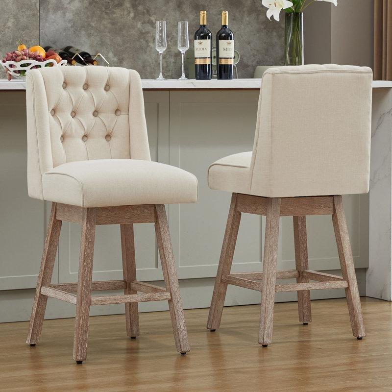 Bej Keten Düğme Kapitoneli Döner Bar Sandalyesi, Gri Masif Ahşap Ayaklı 2'li Set - 73 cm - 148791