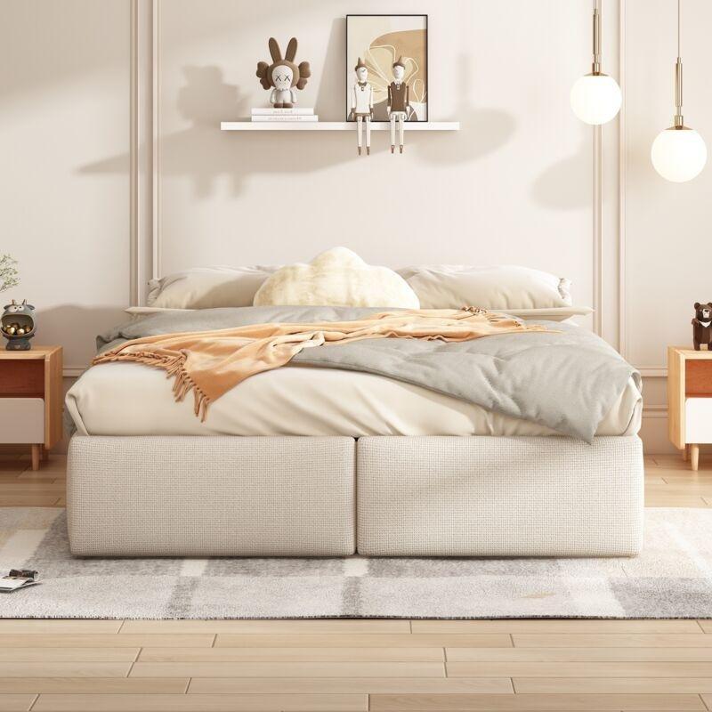 Bej Keten Hidrolik Amortisörlü 2 Çekmeceli Başlıksız Baza - 140x200 cm - 144086