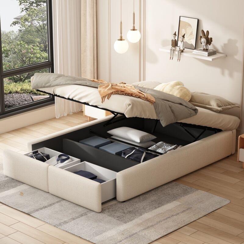 Bej Keten Hidrolik Amortisörlü 2 Çekmeceli Başlıksız Baza - 140x200 cm - 144086