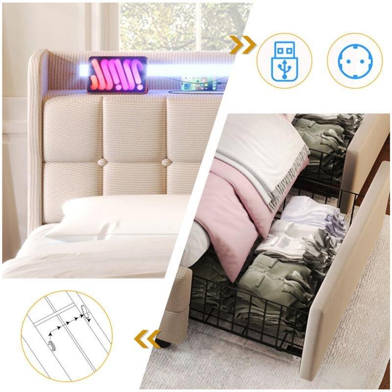 Bej Keten Kapitoneli LED Işıklı USB Şarjlı 4 Çekmeceli Baza - 160x200 cm - 143840