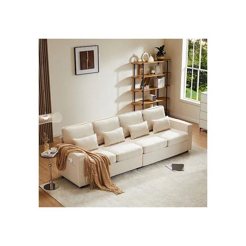 Bej Keten Kolçak Cepli 4 Yastıklı 4 Kişilik Koltuk - 264x83x87 cm - 155869