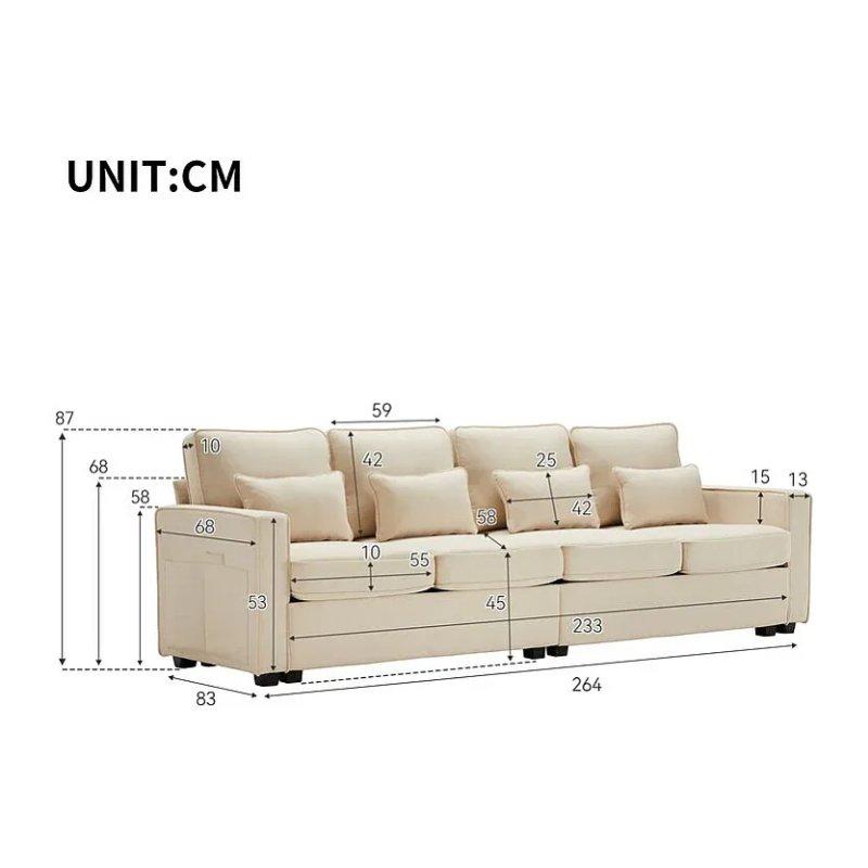 Bej Keten Kolçak Cepli 4 Yastıklı 4 Kişilik Koltuk - 264x83x87 cm - 155869