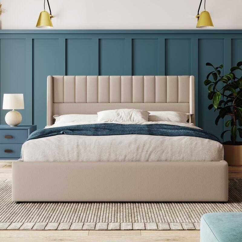 Bej Keten Kumaş Çizgili Başlıklı Metal İskeletli Sandıklı Baza - 160x200 cm - 143969