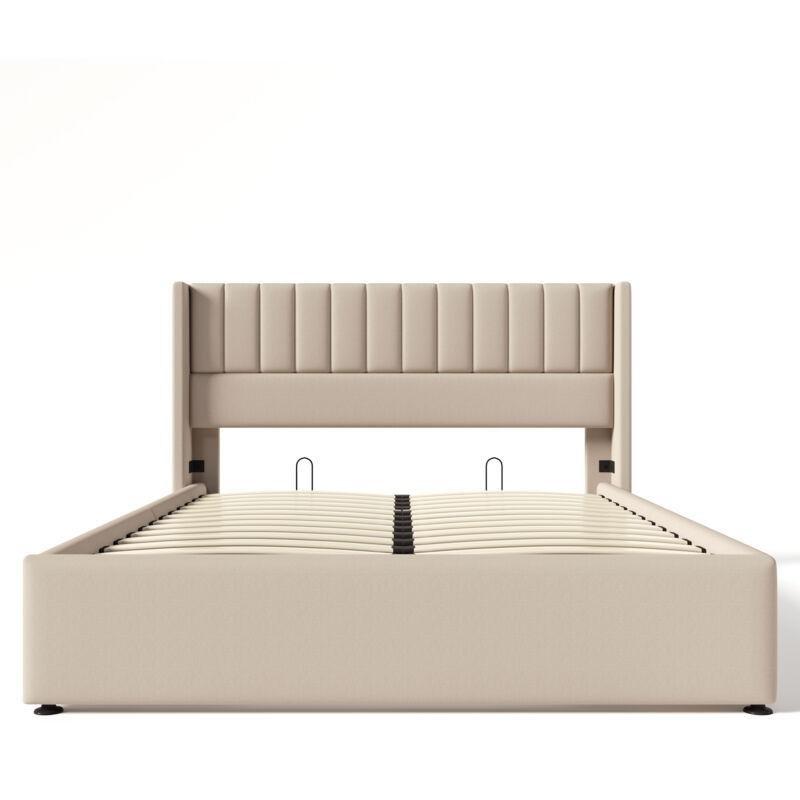 Bej Keten Kumaş Çizgili Başlıklı Metal İskeletli Sandıklı Baza - 160x200 cm - 143969