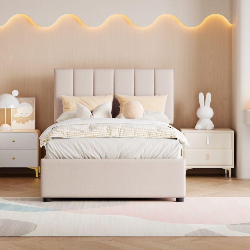 Bej Keten Kumaş Dikey Çizgili Başlıklı Hidrolik Sandıklı Baza - 90x200 cm - 143687