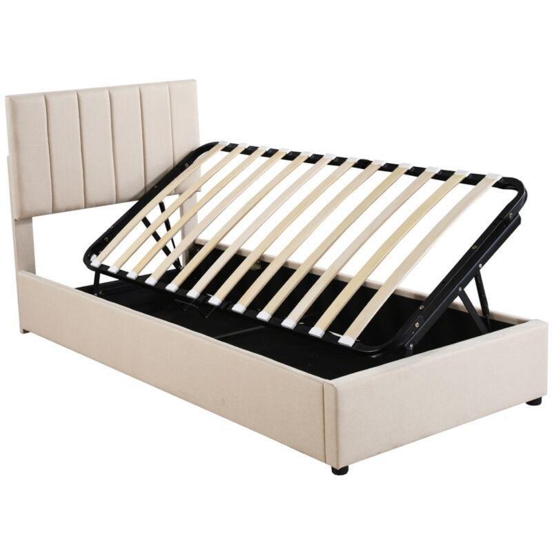 Bej Keten Kumaş Dikey Çizgili Başlıklı Hidrolik Sandıklı Baza - 90x200 cm - 143687