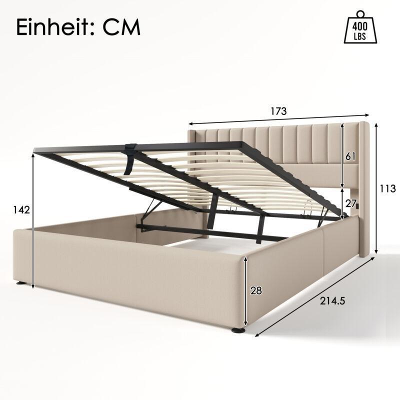 Bej Keten Kumaş Dikey Çizgili Sandıklı Baza - 160x200 cm - 143983