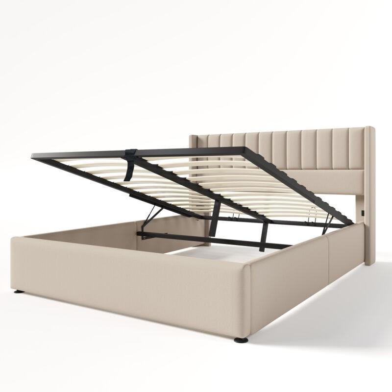 Bej Keten Kumaş Dikey Çizgili Sandıklı Baza - 160x200 cm - 143983