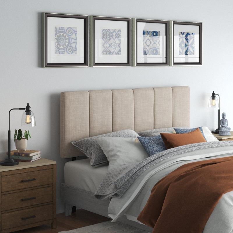 Bej Keten Kumaş Dikey Kanallı Masif Ahşap Yatak Başlığı - 199 cm - 144915