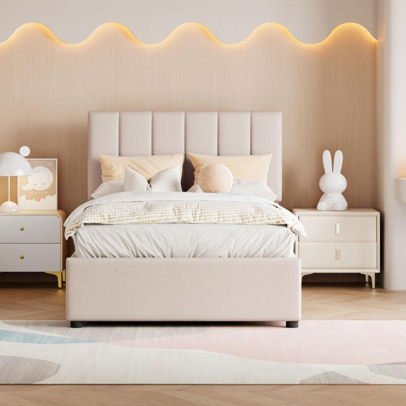 Bej Keten Kumaş Hidrolik Dikey Çizgili Sandıklı Baza - 90x200 cm - 143972