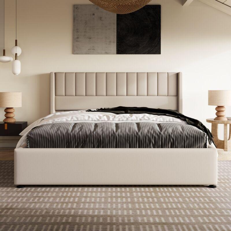 Bej Keten Kumaş Hidrolik Sandıklı Çizgili Başlıklı Baza - 160x200 cm - 144069
