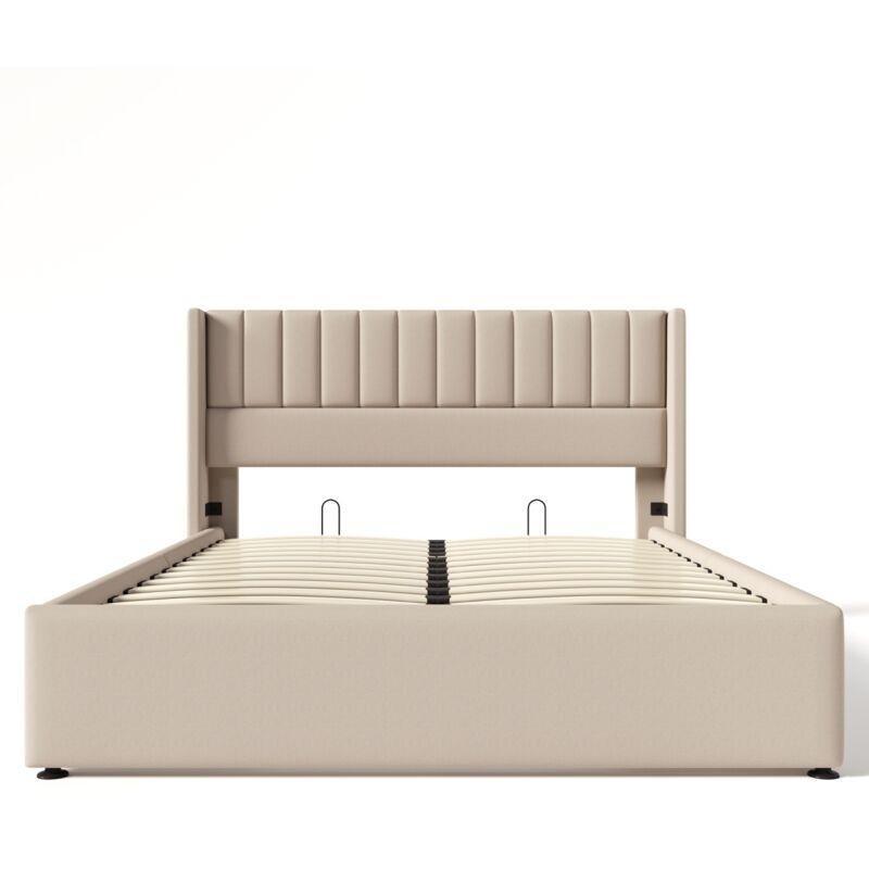 Bej Keten Kumaş Hidrolik Sandıklı Çizgili Başlıklı Baza - 160x200 cm - 144069