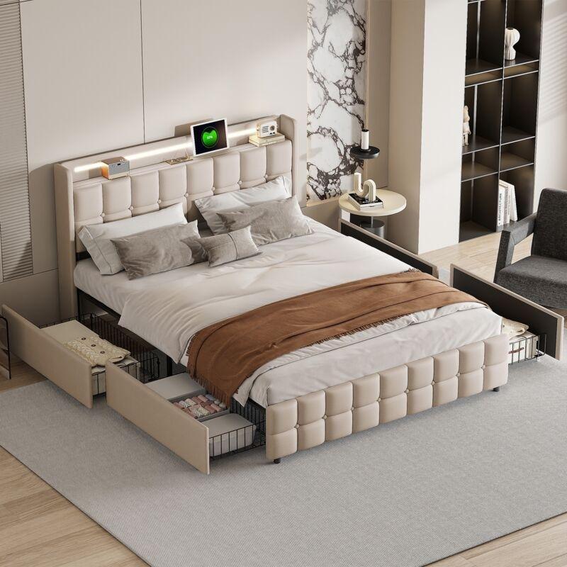 Bej Keten Kumaş Kapitoneli 4 Çekmeceli LED Işıklı USB ve Priz Girişli Baza - 160x200 cm - 143771