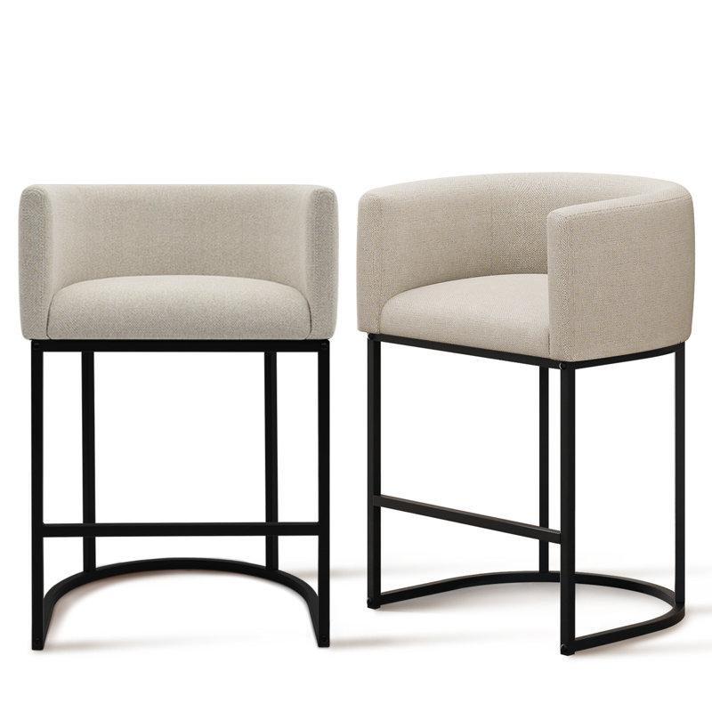 Bej Keten Kumaş Kolçaklı Metal Ayaklı 2li Set Bar Sandalyesi - 62 cm - 147894