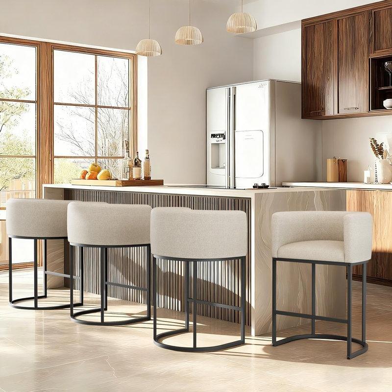 Bej Keten Kumaş Kolçaklı Metal Ayaklı 2li Set Bar Sandalyesi - 62 cm - 147894