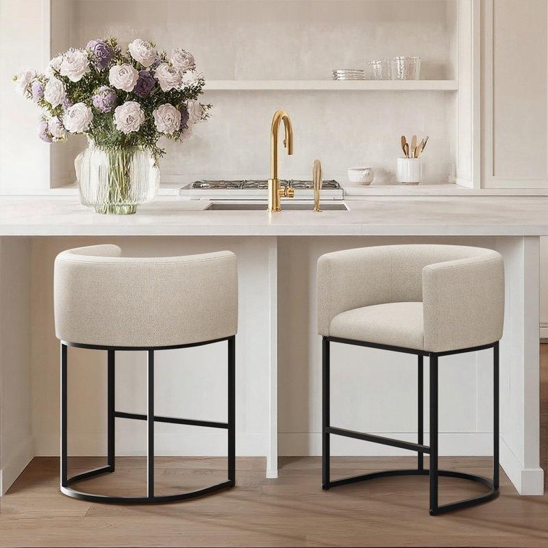 Bej Keten Kumaş Kolçaklı Metal Ayaklı 2li Set Bar Sandalyesi - 62 cm - 147894