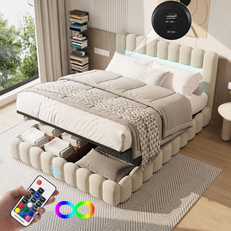 Bej Keten Kumaş LED Işıklı USB Portlu Başlık Raflı Sandıklı Baza - 140x200 cm - 144120