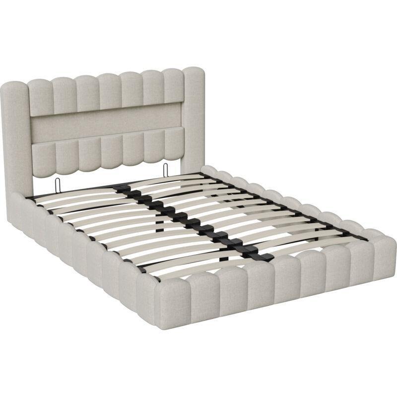Bej Keten Kumaş LED Işıklı USB Şarjlı Başlık Raflı Baza - 140x200 cm - 144103