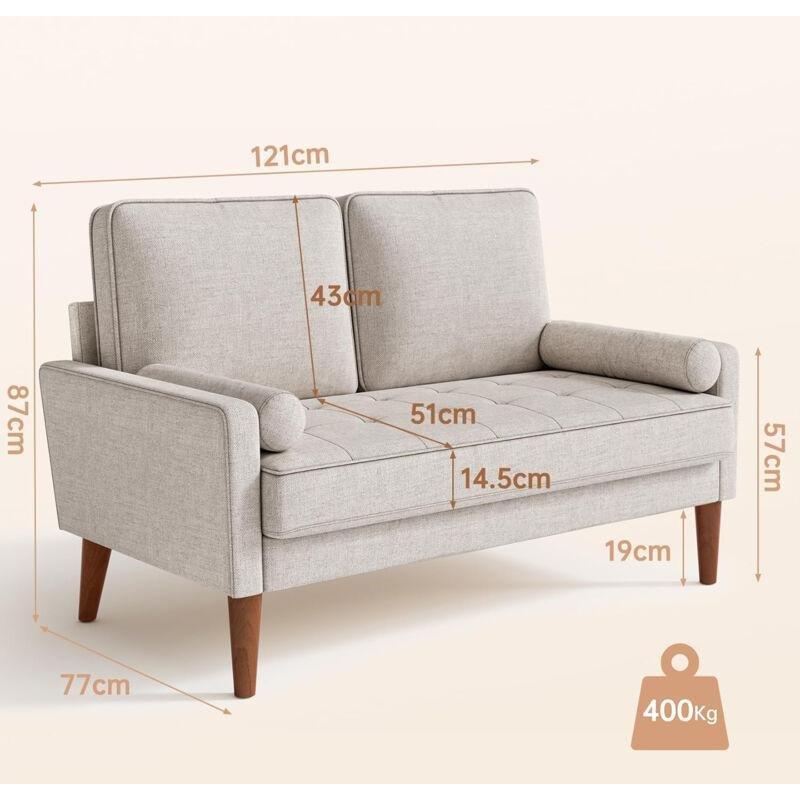 Bej Keten Kumaş Masif Ahşap İskandinav Kompakt İkili Koltuk - 121x77x87 cm - 153806