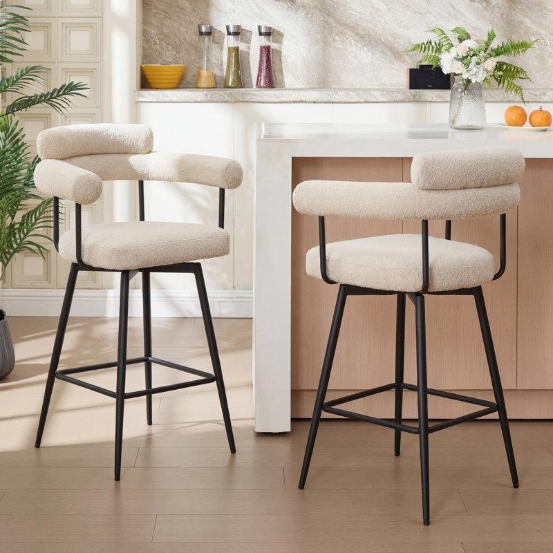 Bej Keten Kumaş Siyah Metal Ayaklı Döner Kolçaklı Kanat Sırtlı 2li Set Retro Bar Sandalyesi - 68 cm - 148497
