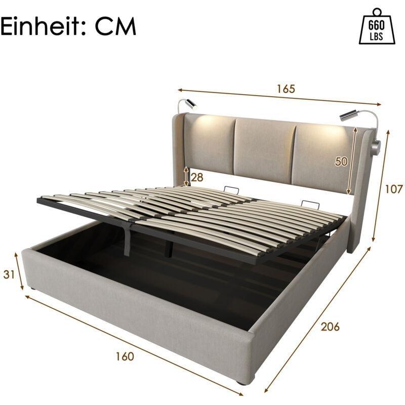 Bej Keten Kumaş USB Şarjlı ve Okuma Lambalı Sandıklı Baza - 160x200 cm - 144076