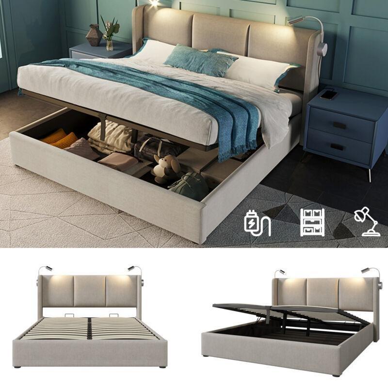 Bej Keten Kumaş USB Şarjlı ve Okuma Lambalı Sandıklı Baza - 160x200 cm - 144076