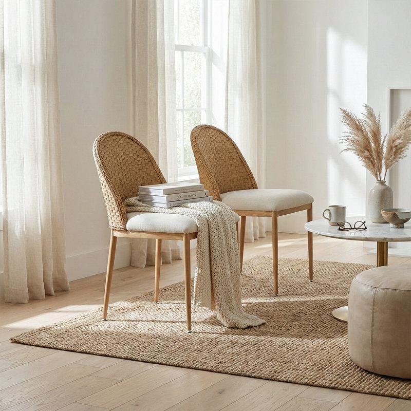 Bej Keten Kumaşlı Dokuma Sırtlı Metal Ayaklı 2li Set Rattan Sandalye - 146811