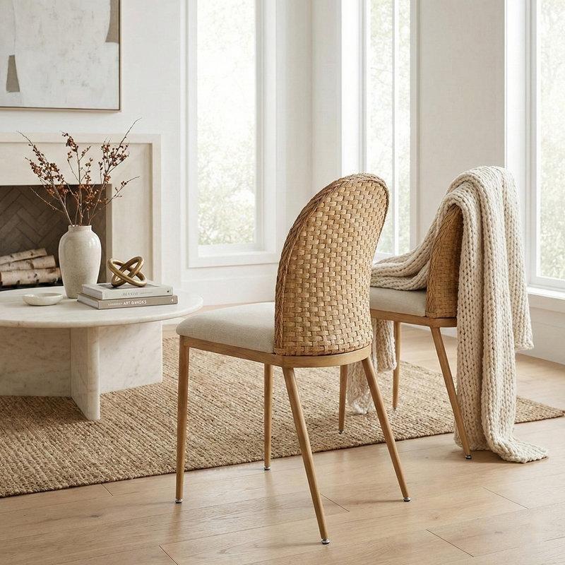 Bej Keten Kumaşlı Dokuma Sırtlı Metal Ayaklı 2li Set Rattan Sandalye - 146811