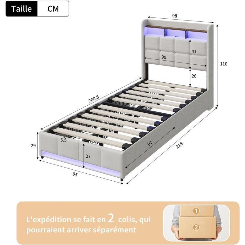 Bej Keten LED Işıklı ve USB Portlu Çekmeceli Baza - 90x200 cm - 143822