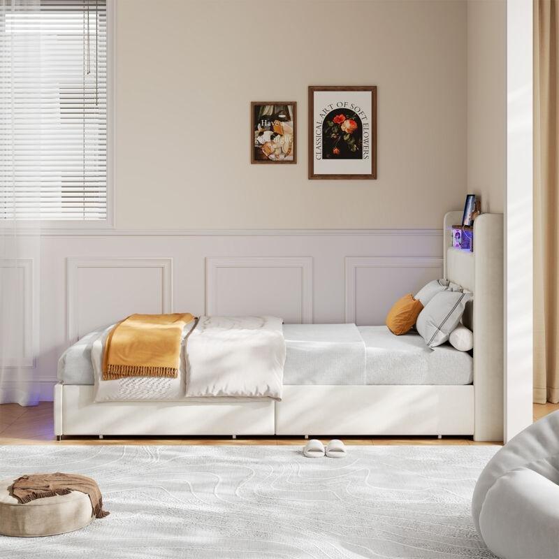Bej Keten LED Işıklı ve USB Portlu Çekmeceli Baza - 90x200 cm - 143822