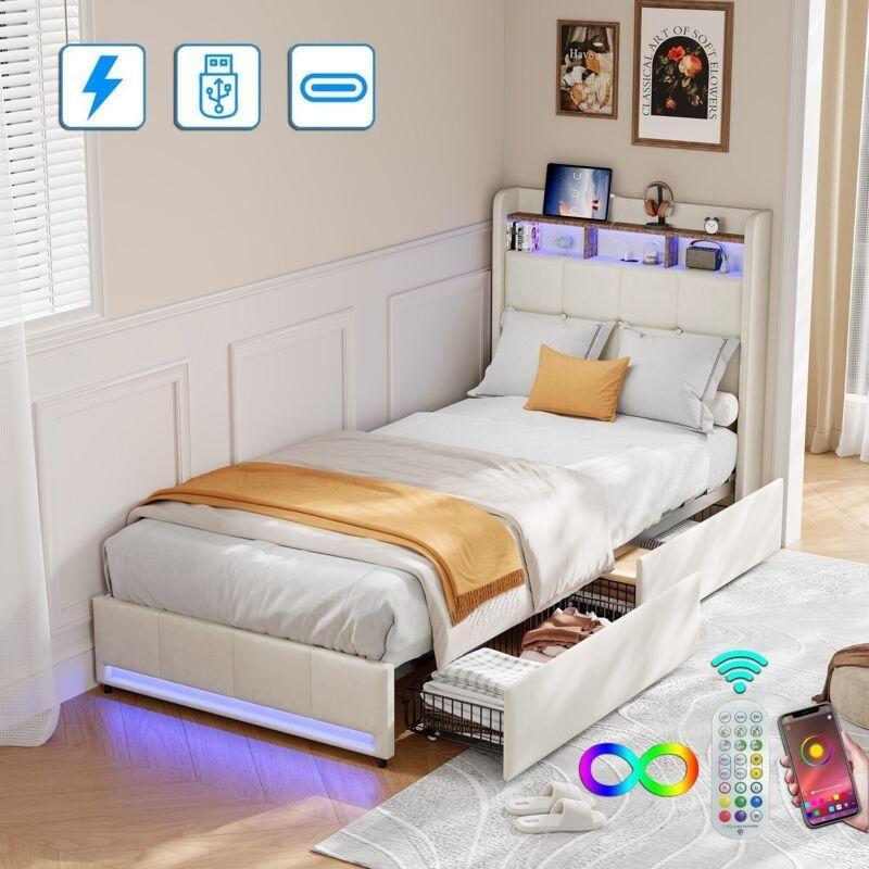 Bej Keten LED Işıklı ve USB Portlu Çekmeceli Baza - 90x200 cm - 143822