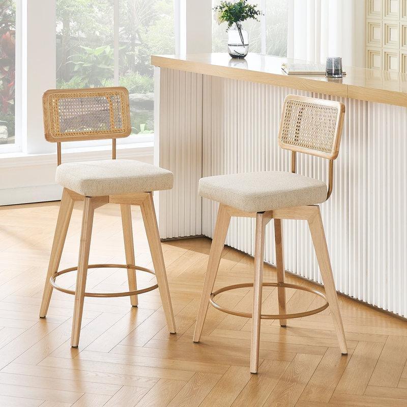 Bej Keten Masif Ahşap Rattan Sırtlı Döner Bar Sandalyesi - 67 cm - 147759