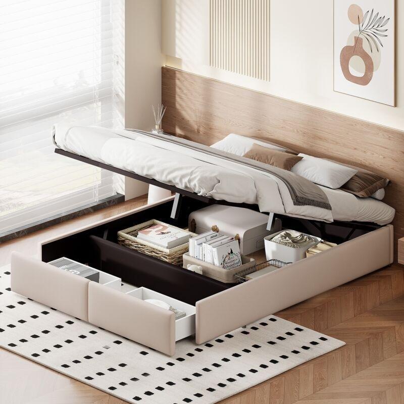 Bej Keten Metal Hidrolik Sandıklı 2 Çekmeceli Kapitoneli Baza - 140x200 cm - 143959