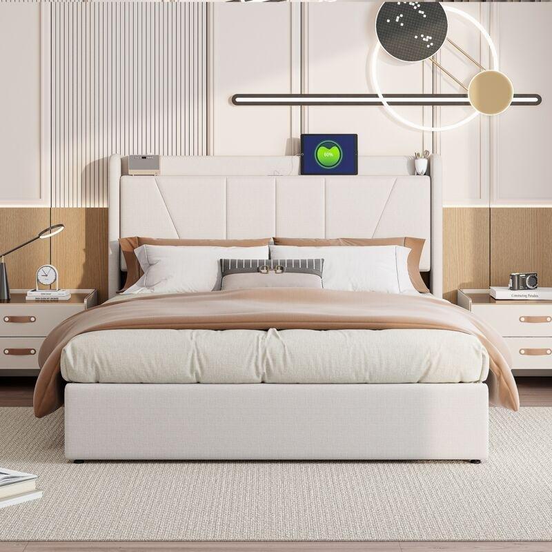 Bej Keten Metal İskeletli USB Şarj Portlu Hidrolik Kapitoneli Sandıklı Baza - 140x190 cm - 144005